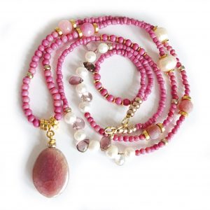 ☆ BOHEMIAN ☆ Süßwasser Perlen & Achat Kette - pink / perlmutt / gold